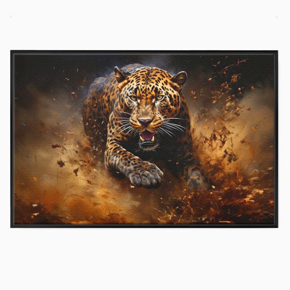 Tablou canvas cu tablou canvas cu leopard in alergare, in rama de aluminiu negru